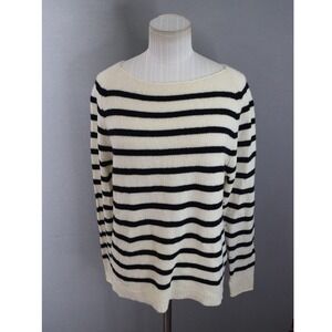 Jigsaw Sweater Large Ivory Navy Striped 100% Cashmere Boat Neck Womens Pullover